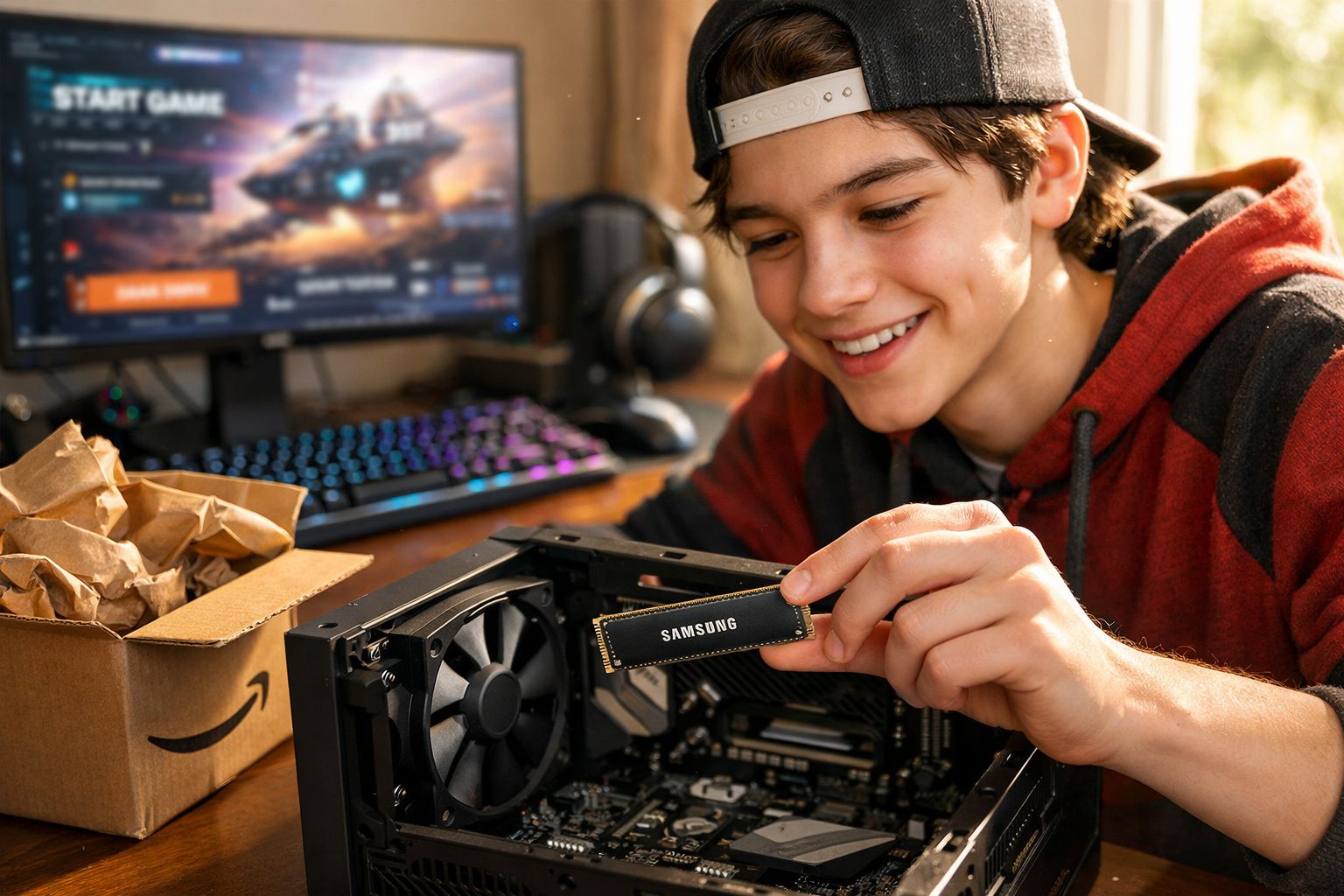 Adolescente sorridente instalando SSD Samsung em computador aberto, com jogo na tela ao fundo.