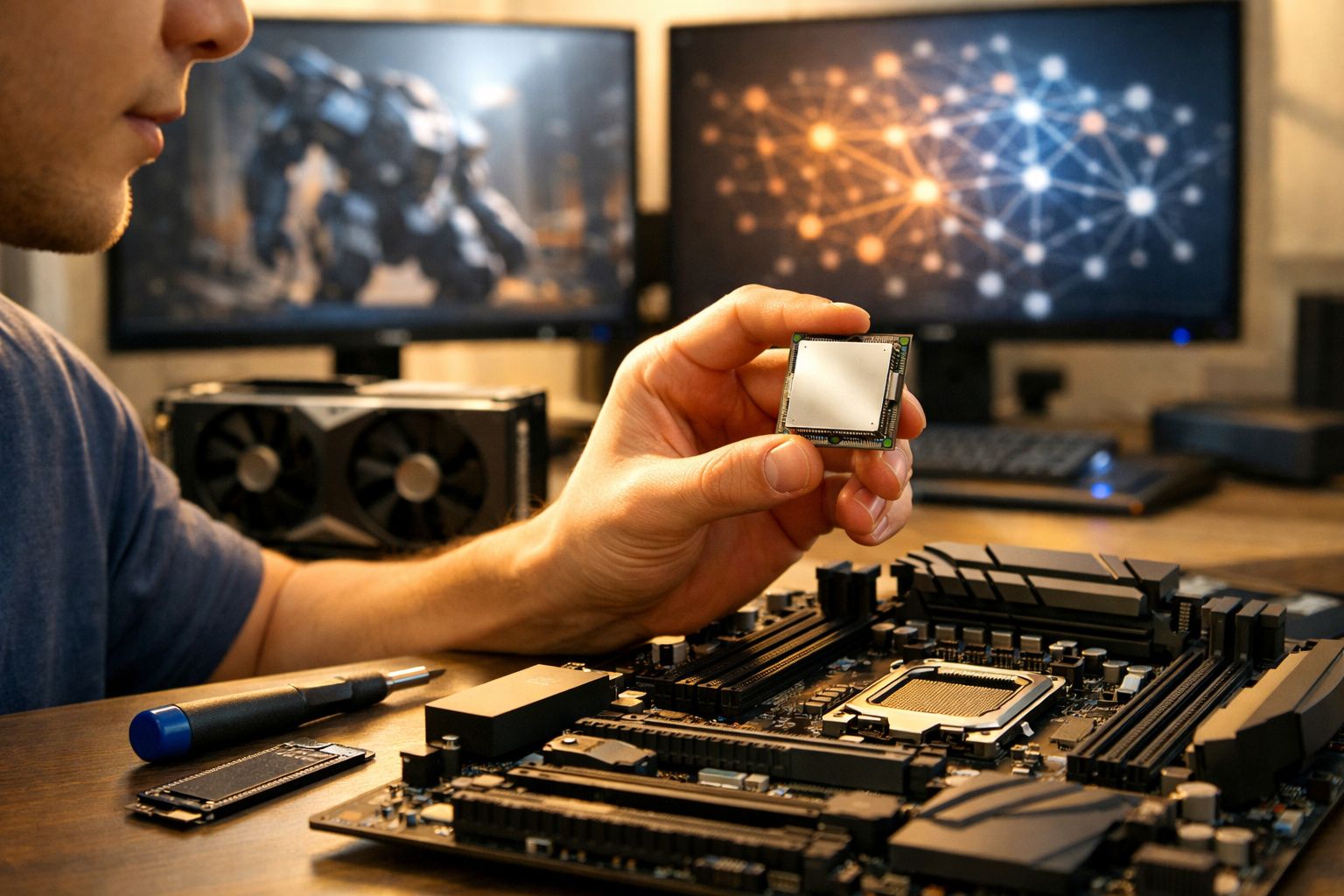 Pessoa segurando um processador perto de uma placa-mãe com dois monitores de computador ao fundo.