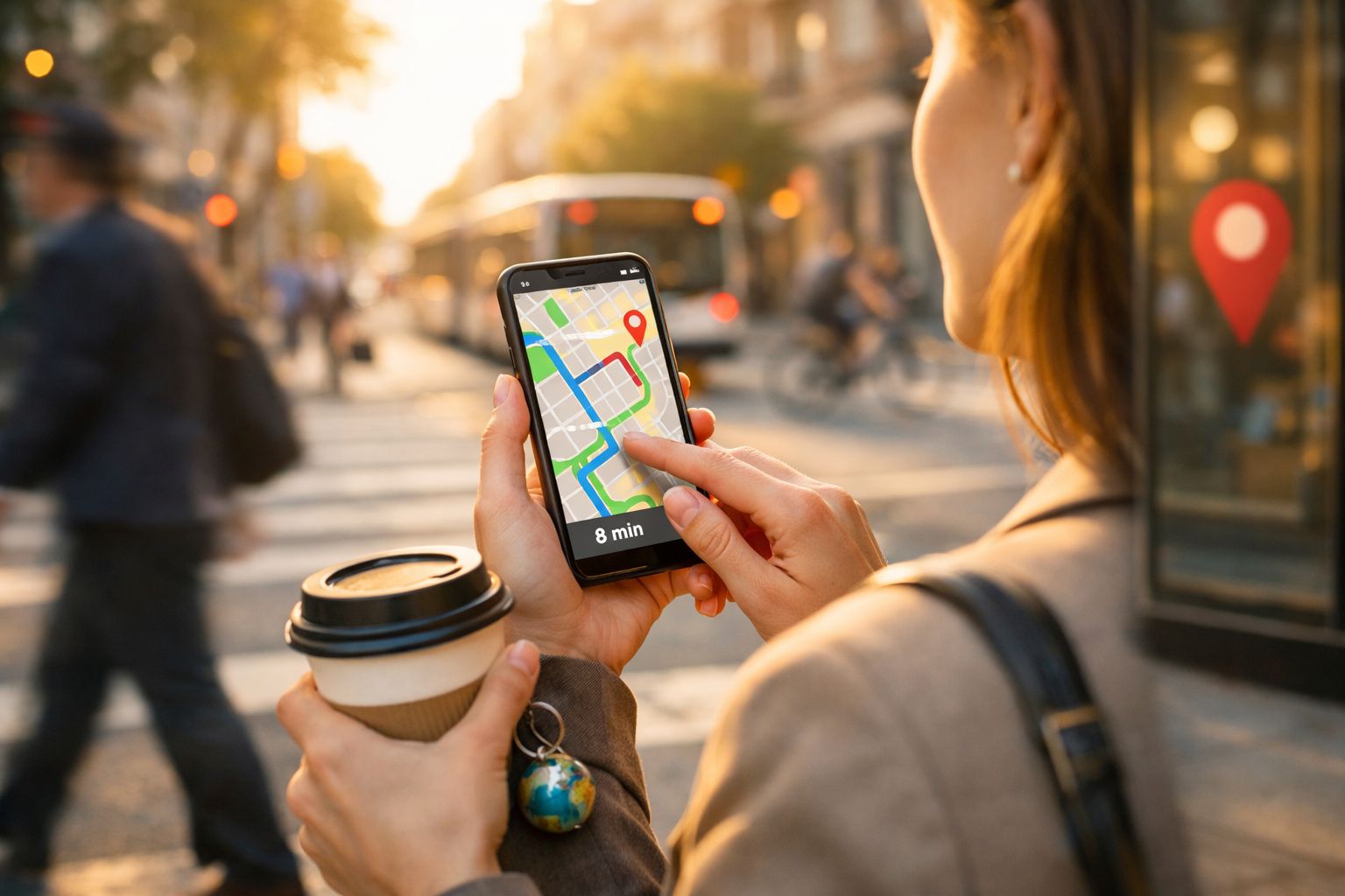 Pessoa segurando celular com mapa e trajeto exibidos, e copo de café na mão, em rua movimentada.