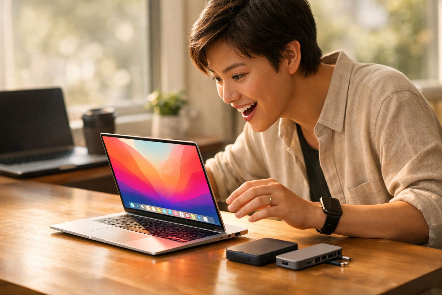 Pessoa sorrindo surpresa ao usar um laptop aberto sobre mesa com dispositivos eletrônicos próximos.