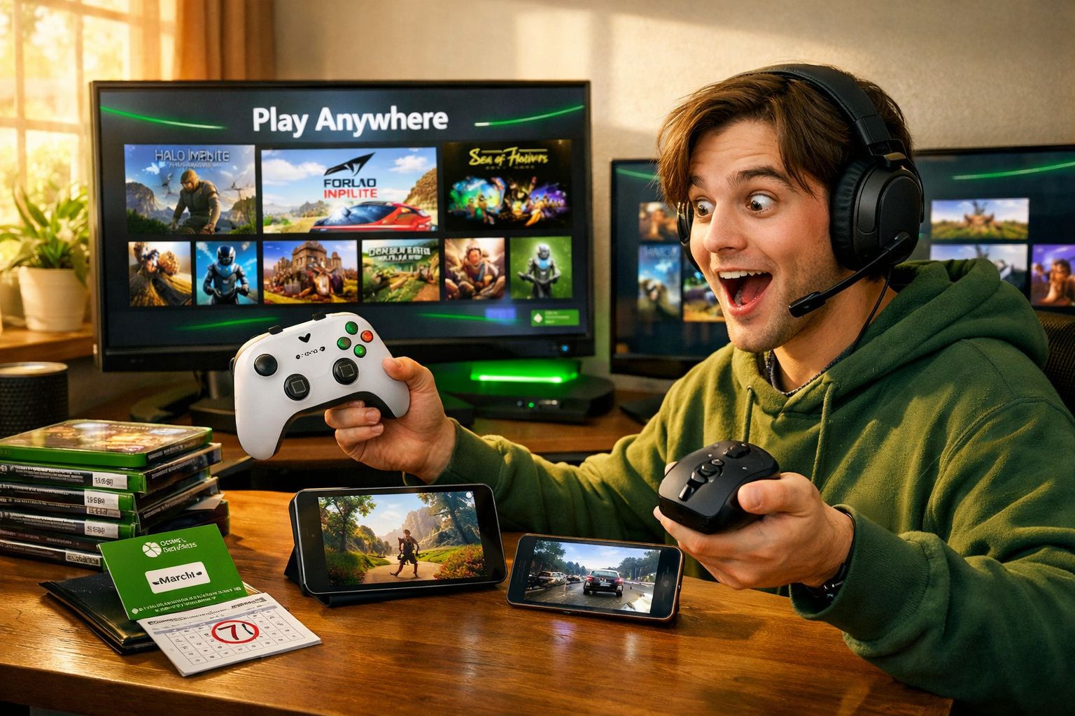 Jovem animado jogando videogame com controle, mouse e headset, tela exibe jogos e dispositivos móveis mostram gameplay.