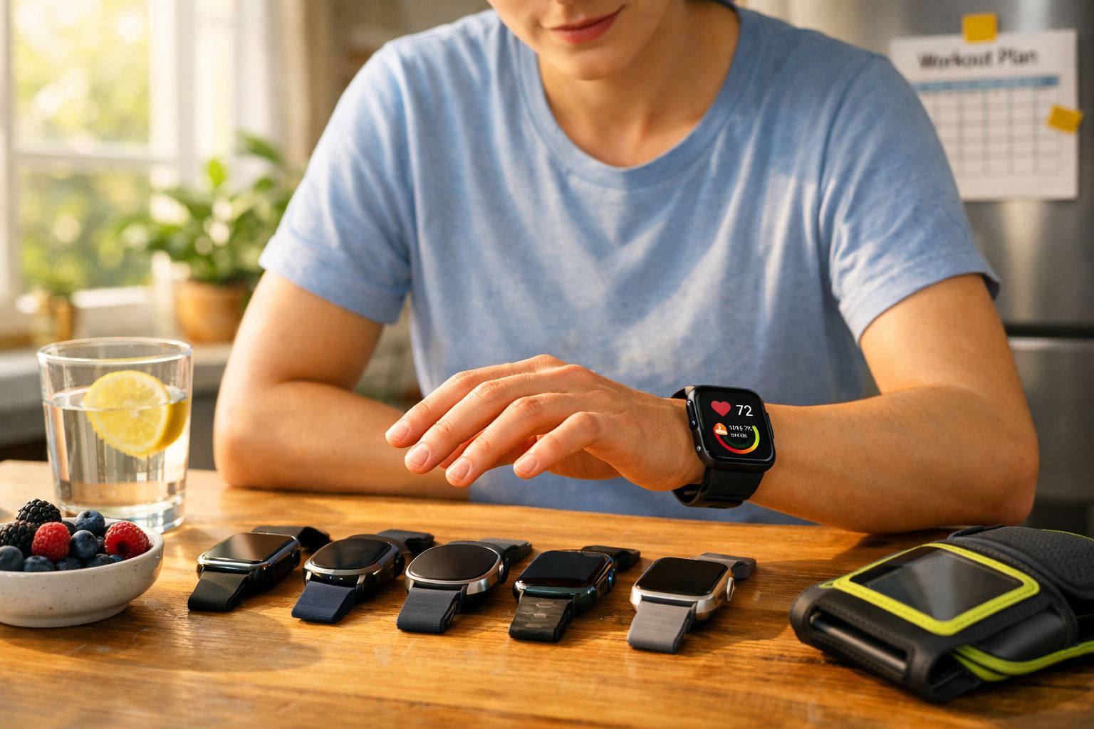 Pessoa usando pulseira inteligente que mostra frequência cardíaca, com vários relógios e comida sobre mesa de madeira.