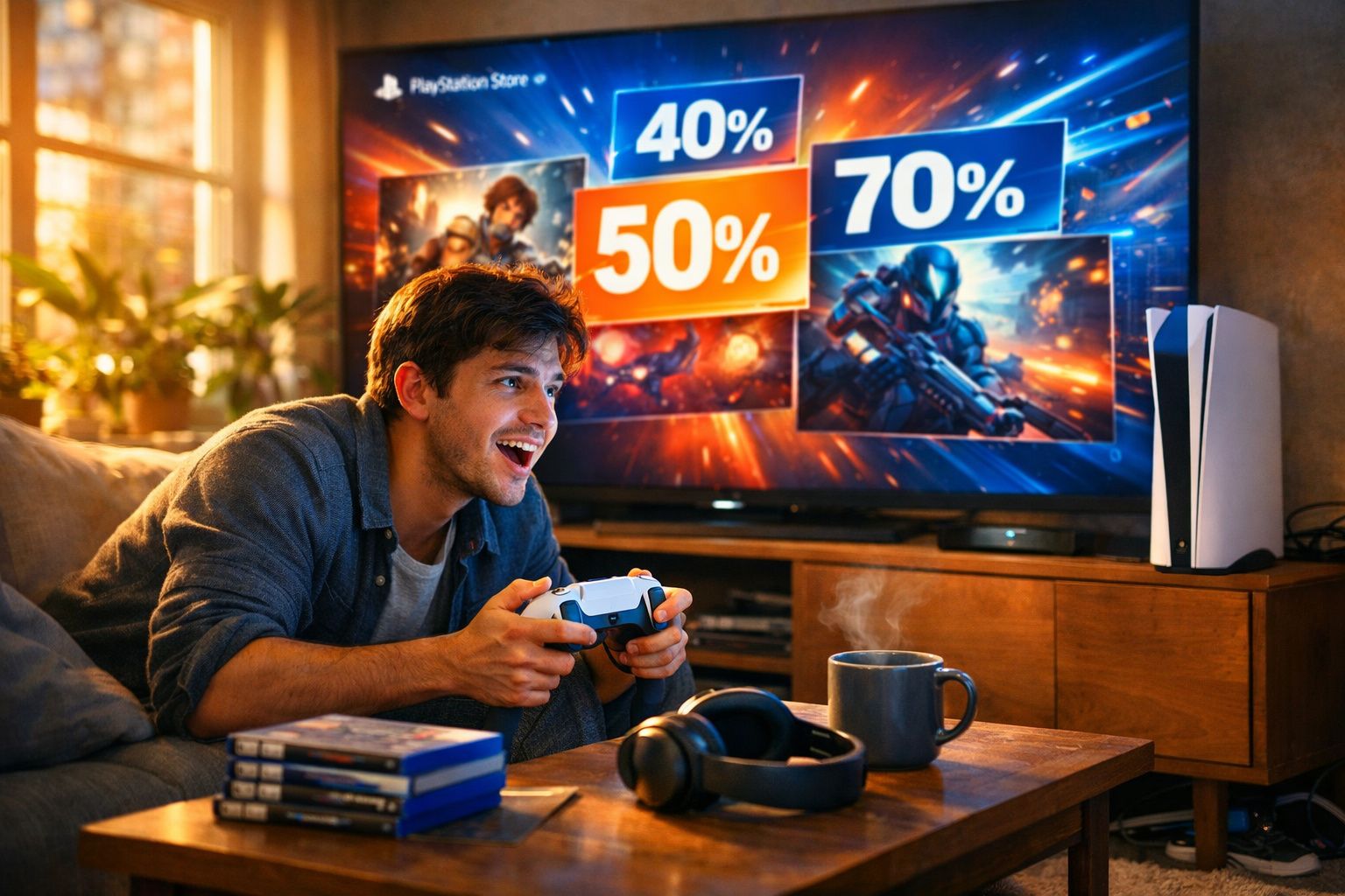 Jovem jogando videogame com controle em mãos, TV mostrando descontos na PlayStation Store e console ao lado.