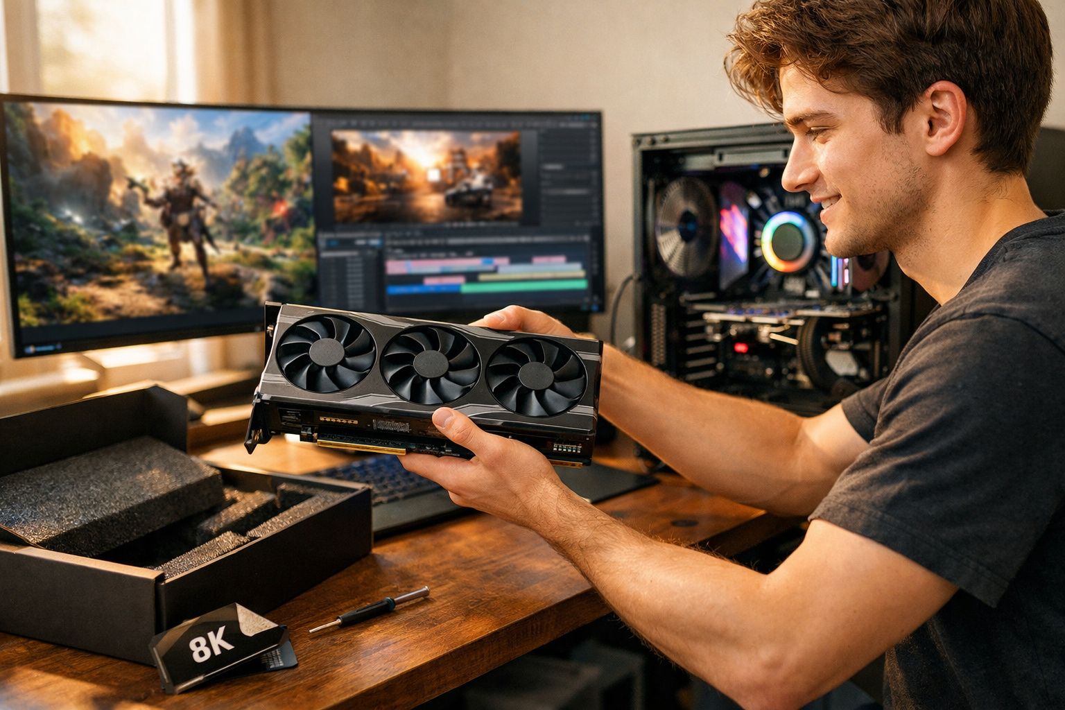 Homem sorridente segurando uma placa de vídeo com três ventoinhas em mesa com dois monitores e computador aberto.