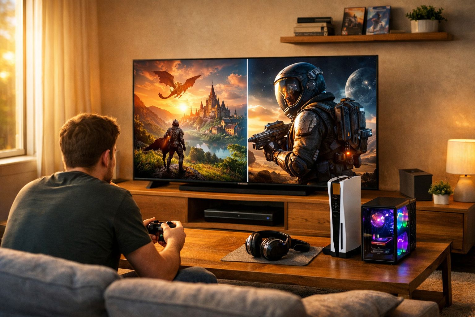 Homem jogando videogame em console moderno em sala com TV grande exibindo jogos de fantasia e ficção científica.