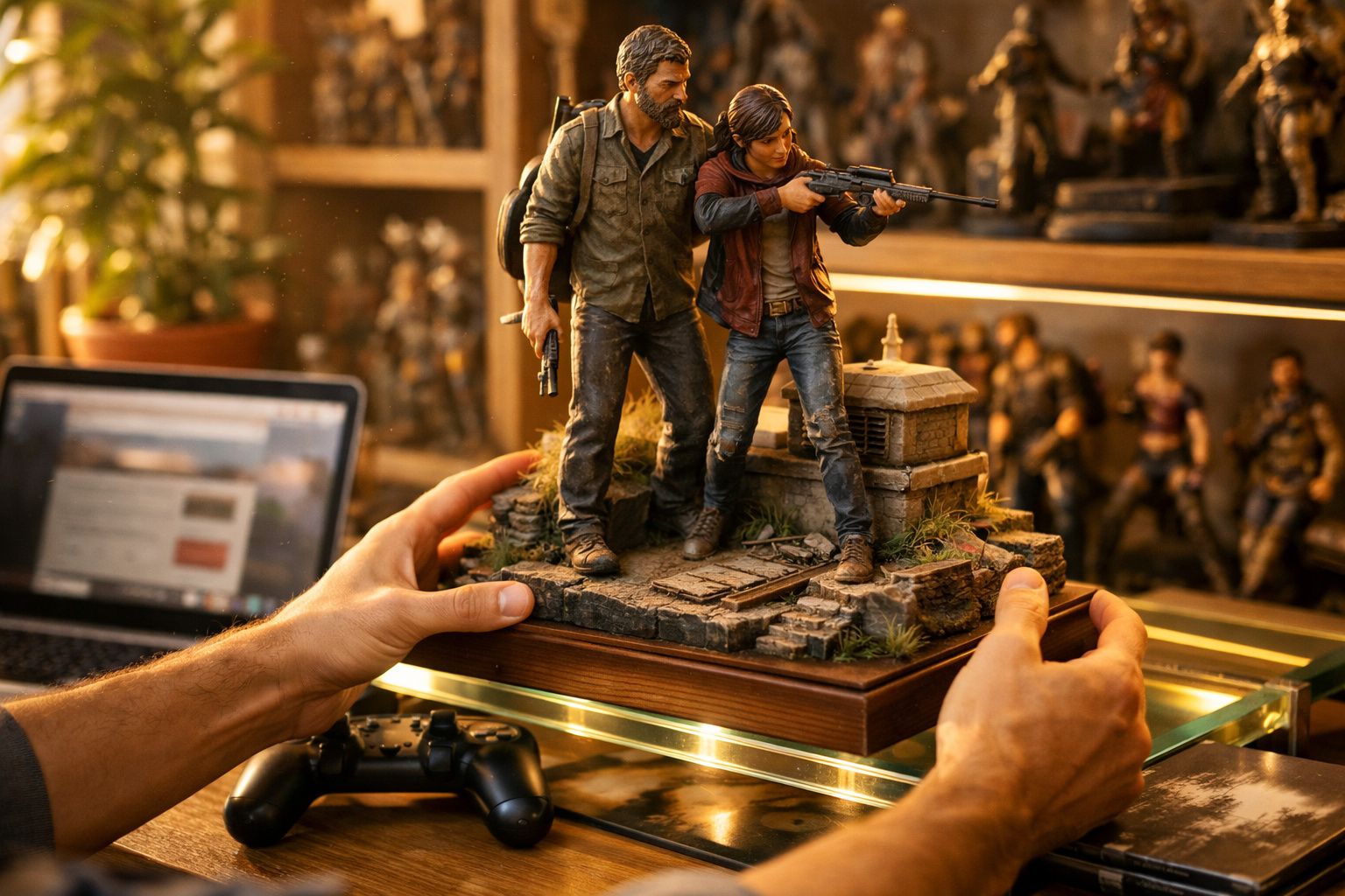 Estatuetas detalhadas de dois personagens com armas, seguradas por mãos sobre mesa com controle e notebook ao fundo.