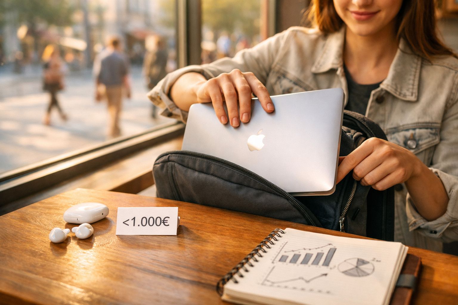 Pessoa guardando notebook Apple em mochila, com notebook e fones em mesa e etiqueta de preço menor que 1.000 euros.