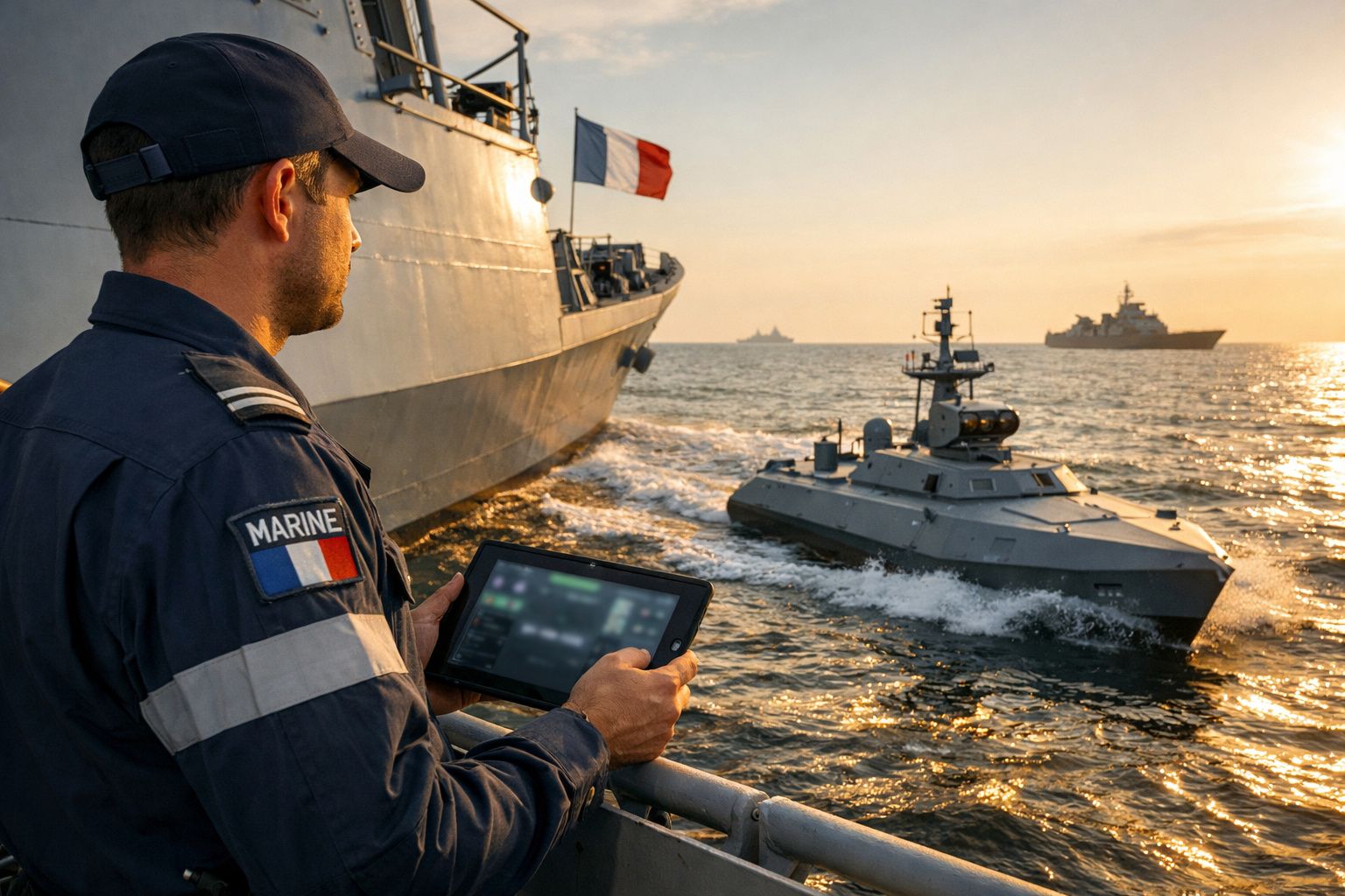Marinheiro francês controla barco não tripulado no mar ao entardecer, com navios de guerra ao fundo.