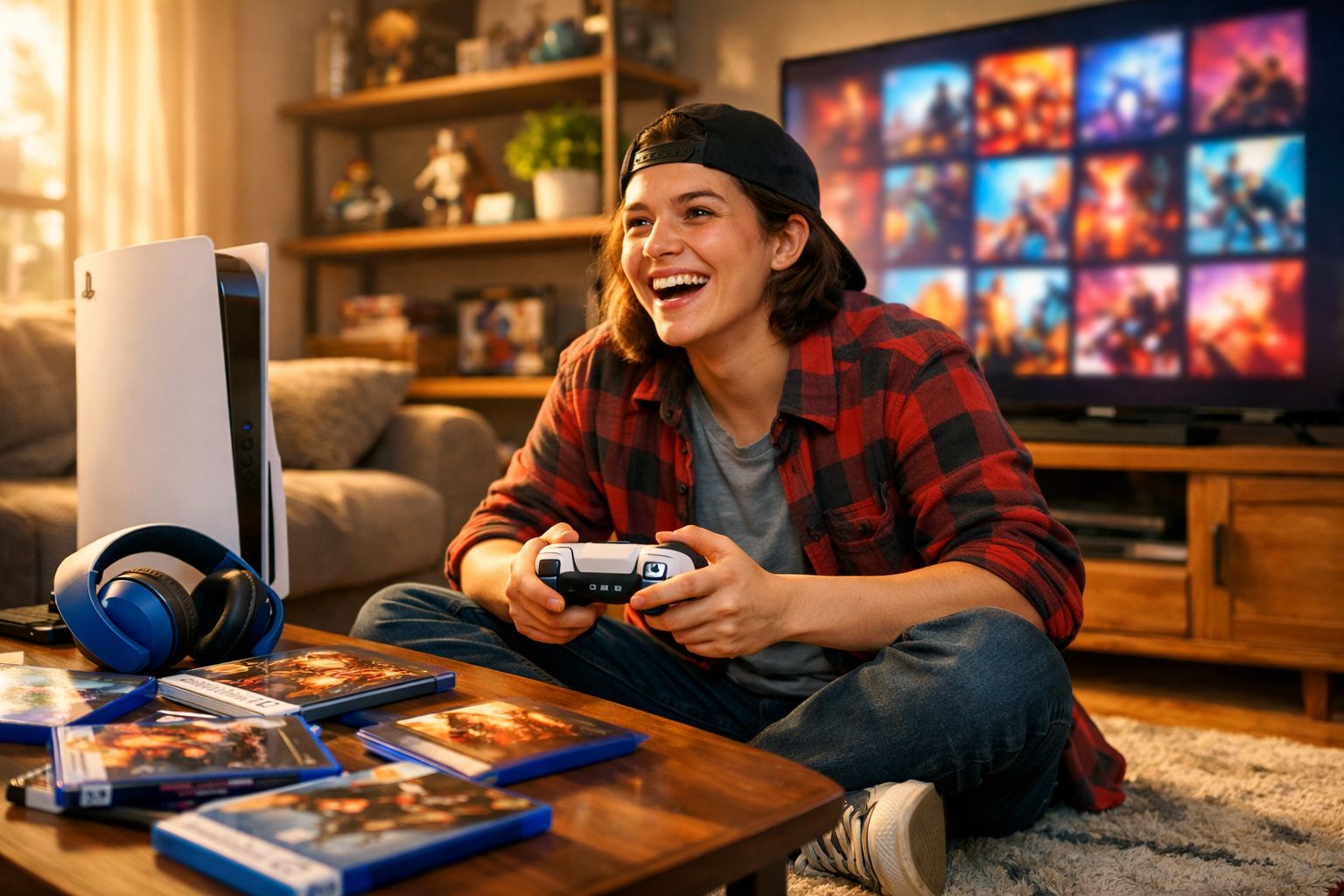 Jovem sorrindo enquanto joga videogame no console com vários jogos ao redor na mesa da sala.