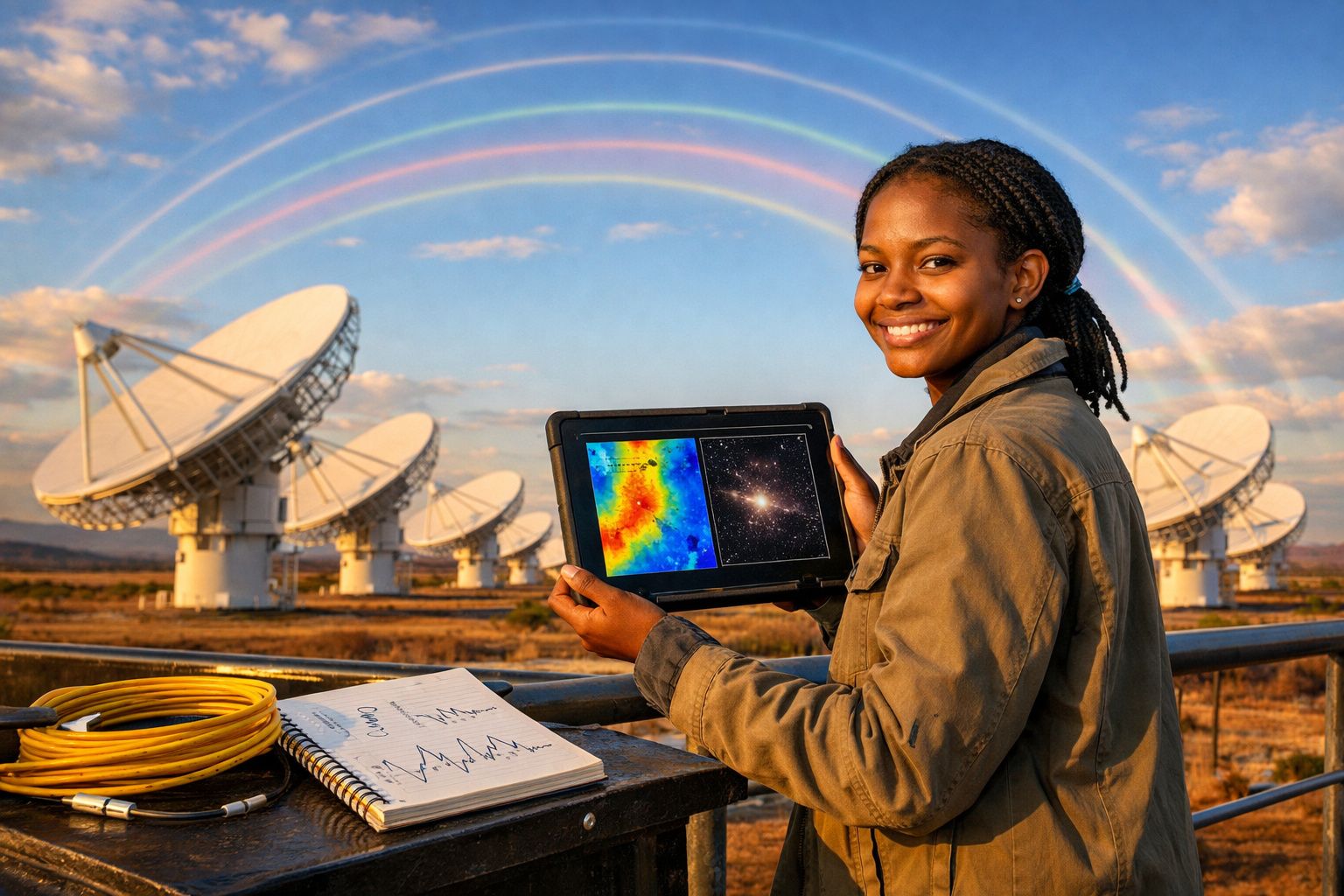 Jovem cientista sorri segurando tablet com imagens espaciais perto de antenas parabólicas sob céu com arco-íris.