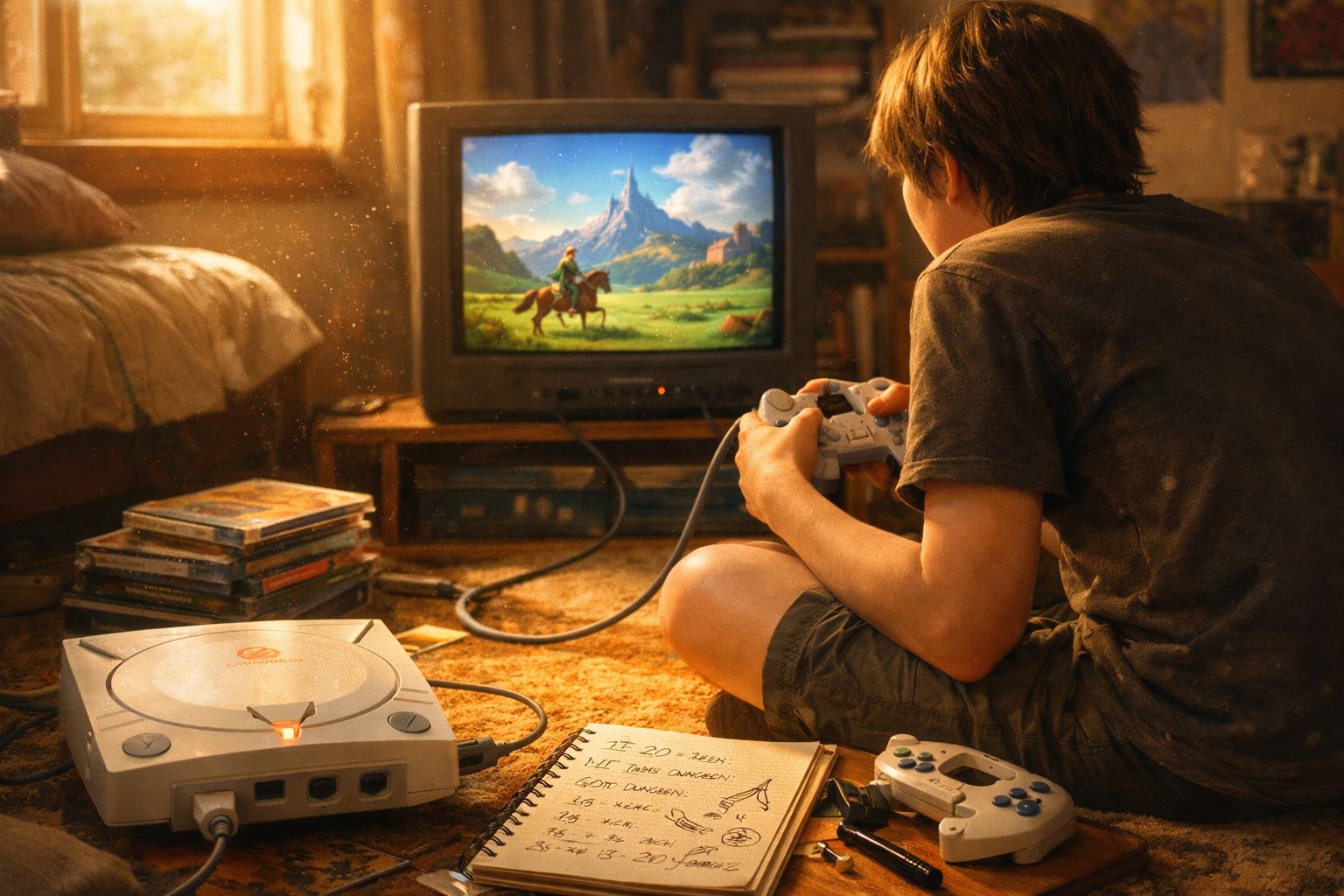 Menino jogando videogame retrô sentado no chão de quarto aconchegante com TV antiga e console.