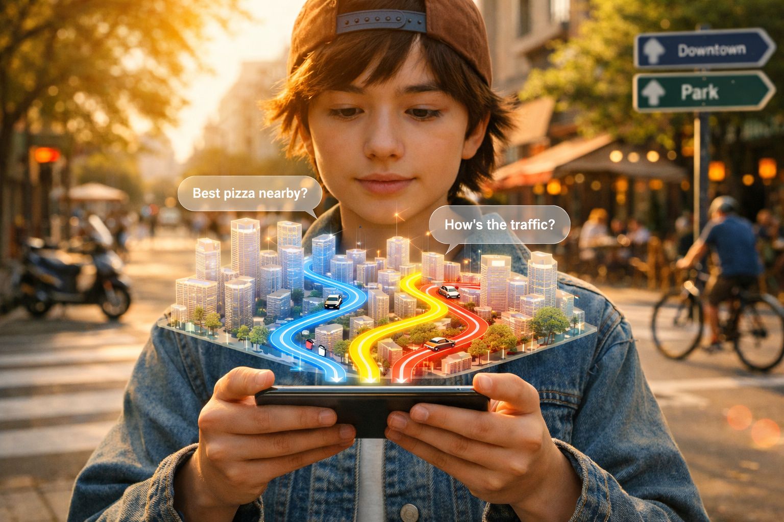 Pessoa segura celular com projeção holográfica 3D de cidade e rotas coloridas iluminadas.