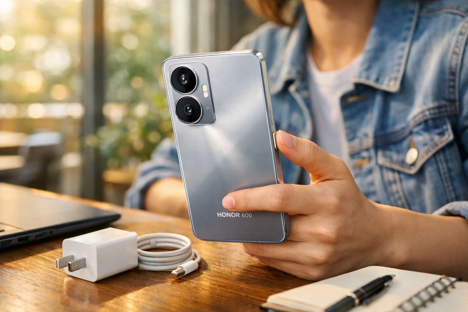 Pessoa segurando smartphone cinza Honor 600 com carregador e cabo branco sobre mesa de madeira.