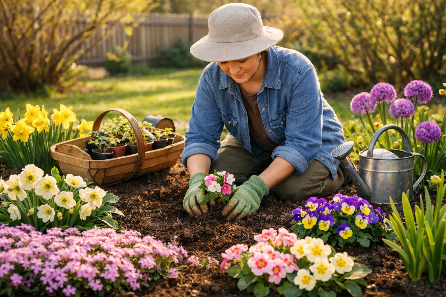 Mulher de chapéu plantando flores coloridas em jardim ensolarado com regador e cesta de mudas.