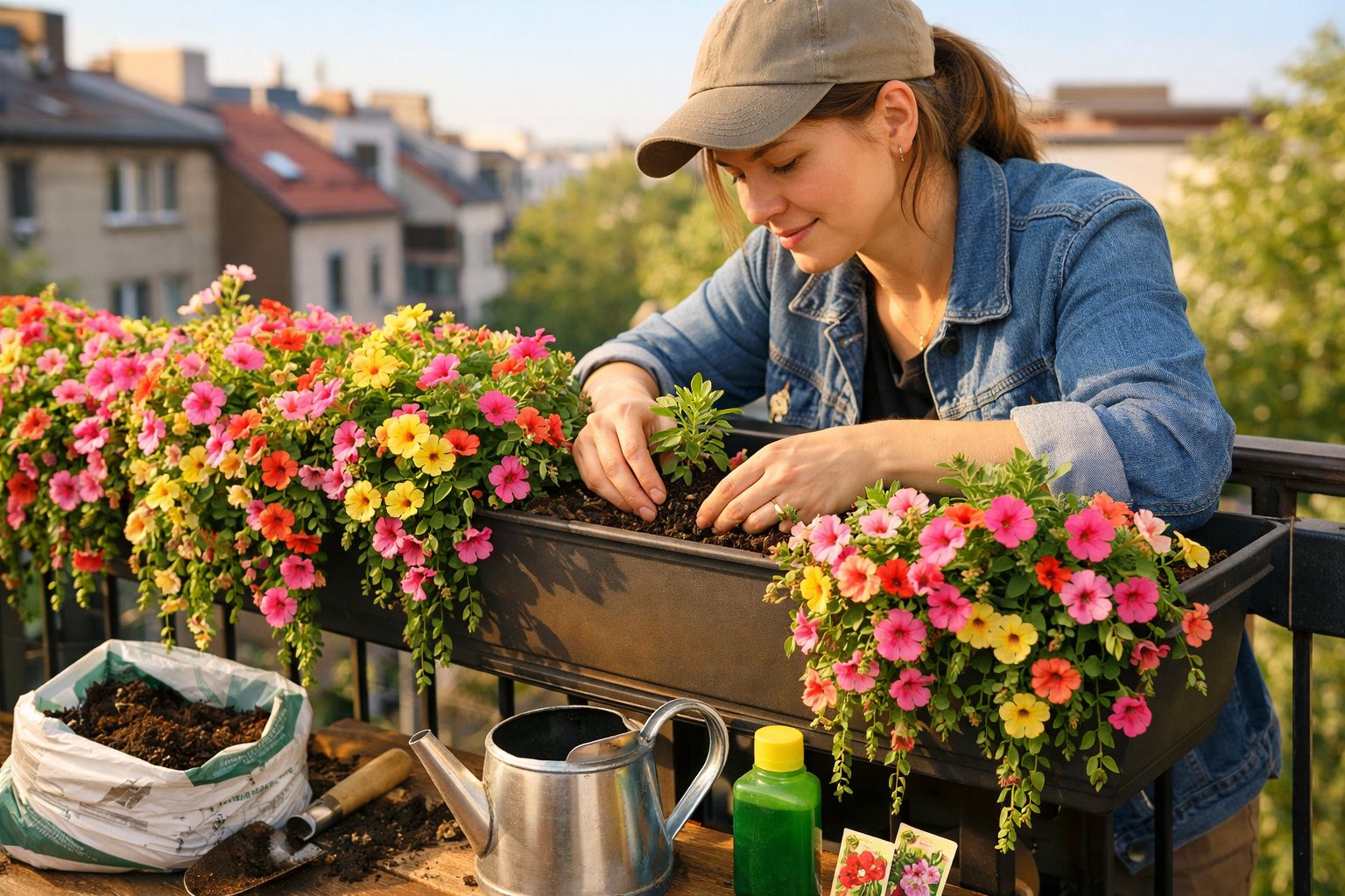 Mulher com boné cuidando de plantas em vaso na varanda com flores coloridas ao redor.