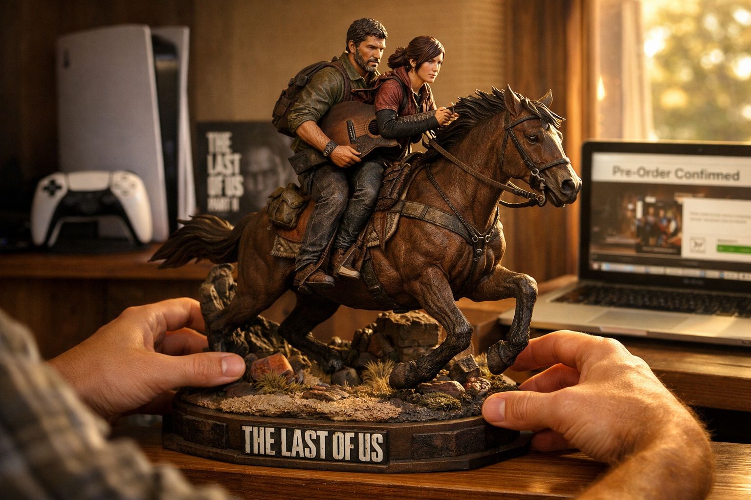 Estatua detalhada dos personagens de The Last of Us montados em um cavalo em base decorativa, segurada por duas mãos.