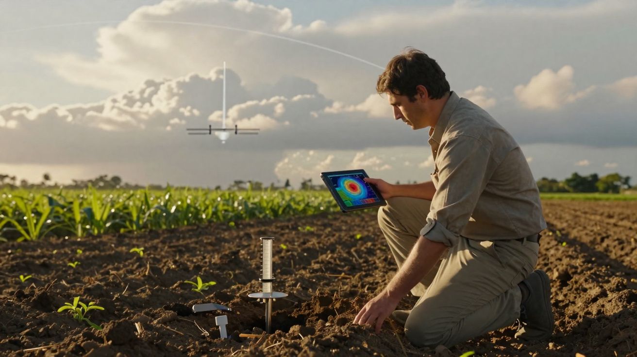 Homem agachado em campo agrícola usando tablet para monitorar dados do solo com drone voando ao fundo.