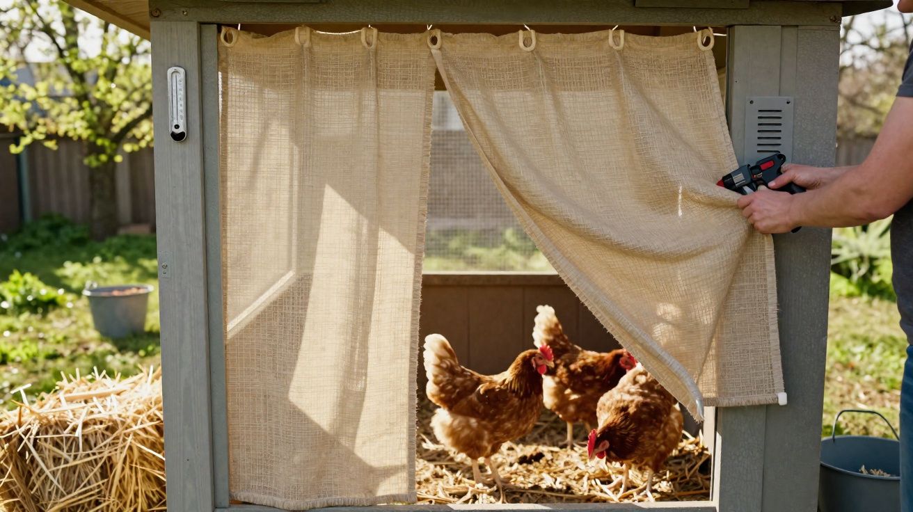 Mãos abrindo cortina de tela em galinheiro com três galinhas marrons no interior, luz do dia.