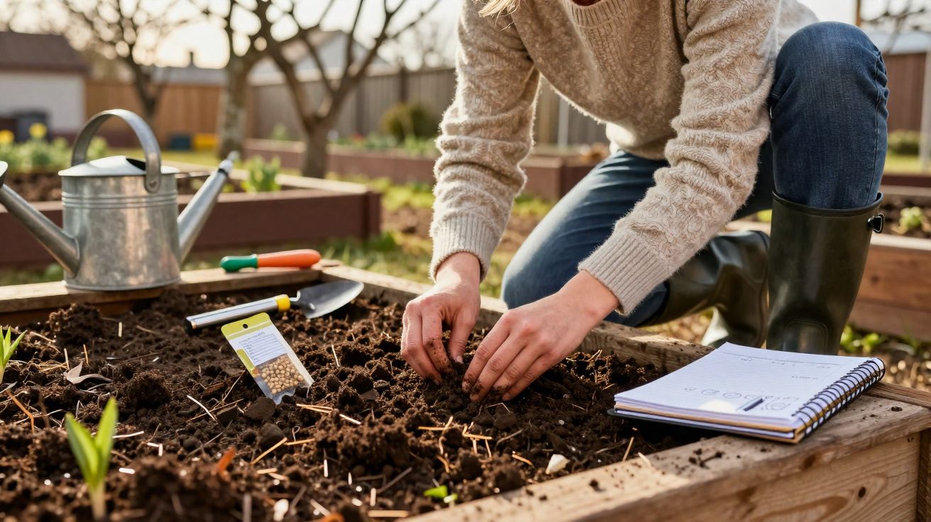 Pessoa plantando sementes em canteiro elevado cercado por ferramentas e caderno de anotações no jardim.