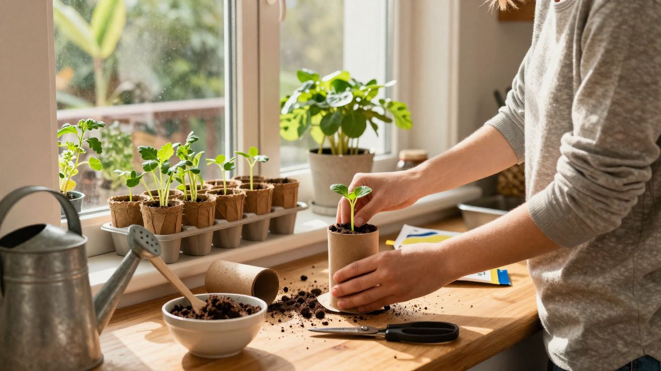Pessoa transplantando mudas em vasos biodegradáveis em uma bancada próxima a janela ensolarada.