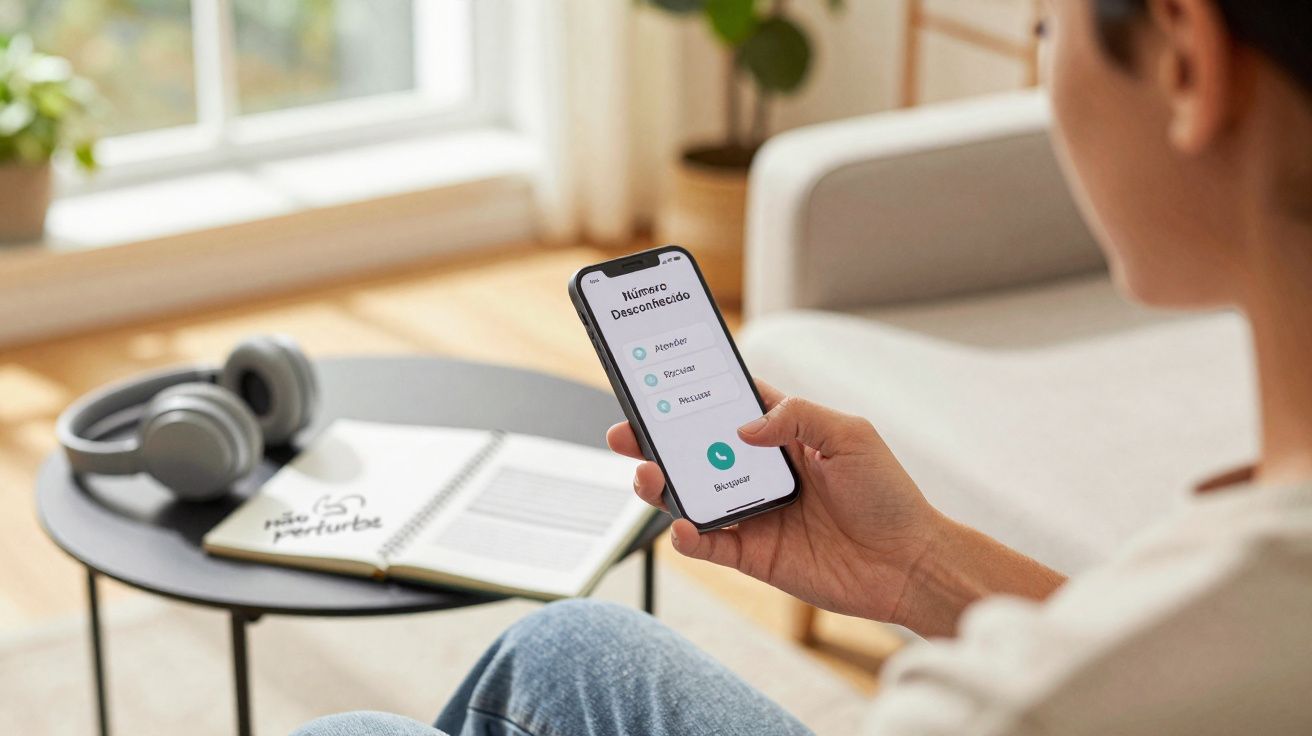 Pessoa segurando smartphone com tela exibindo opções para bloquear número desconhecido, à mesa com caderno e fones.