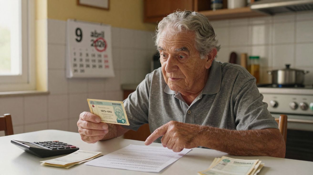 Homem idoso sentado à mesa, segurando documento antigo e analisando papéis em cozinha.