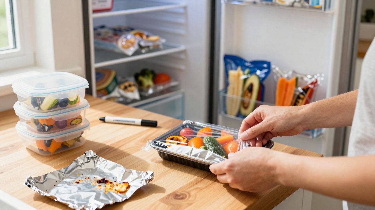 Mãos fechar embalagem plástica com legumes frescos na cozinha, ao lado de potes e geladeira aberta.