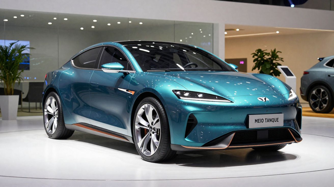 Carro elétrico esportivo azul metálico exibido em estande moderno com iluminação branca.