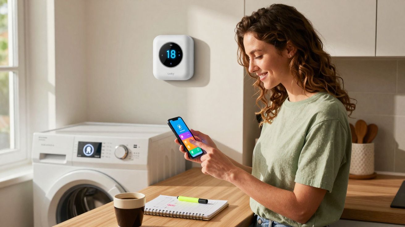 Mulher usando celular perto de máquina de lavar, cafeteira e termostato digital em casa.