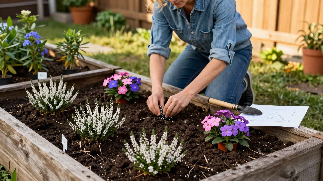 Mulher plantando flores em canteiro elevado de madeira em jardim residencial ensolarado.