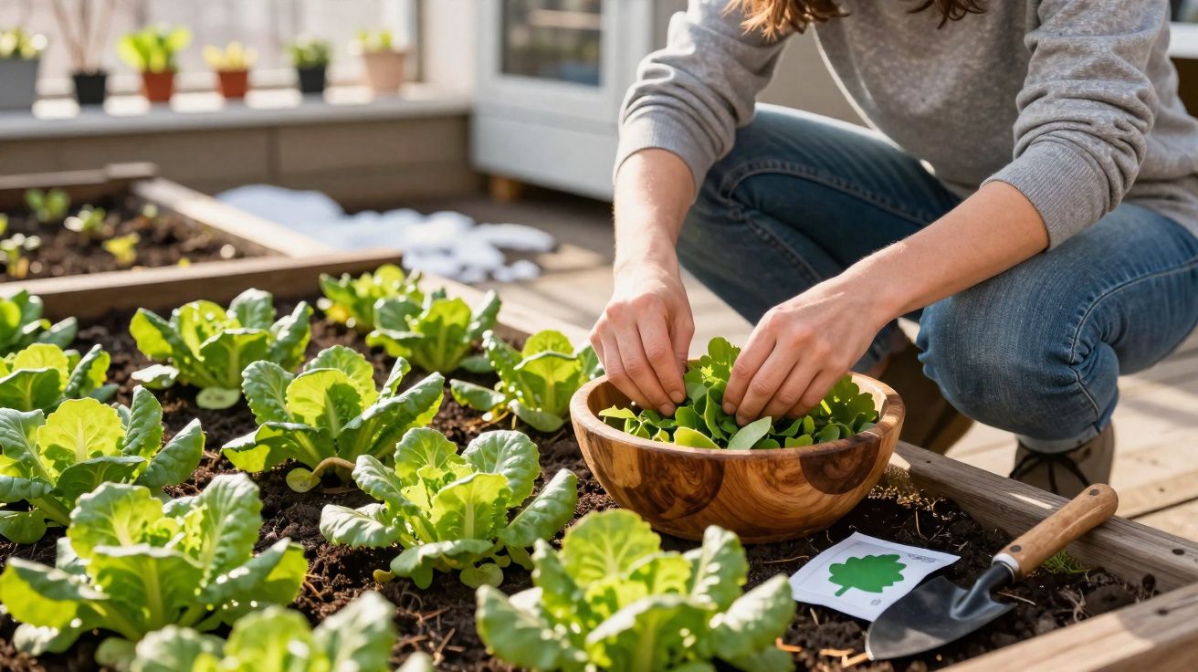 Pessoa colhendo alfaces em canteiro elevado em área externa ensolarada.