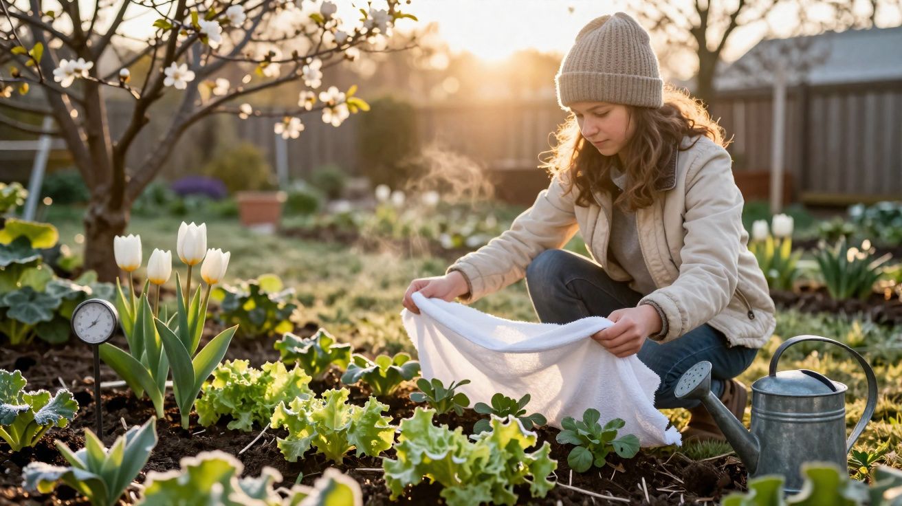 Jovem cuidando de plantas em um jardim ao ar livre durante o amanhecer.