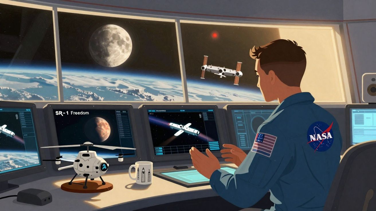 Astronauta na estação espacial obseravando monitores e a Terra pela janela, com a Lua ao fundo.