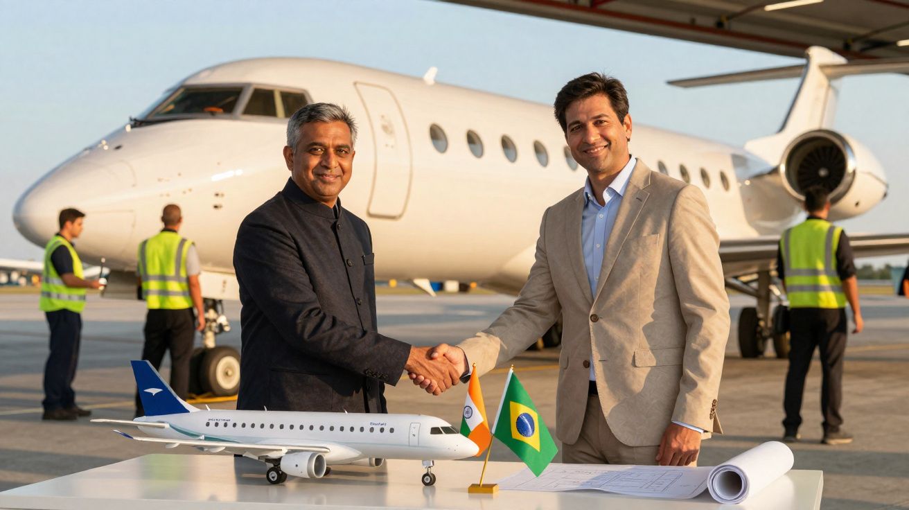 Dois homens apertando as mãos em frente a um jato privado com miniatura de avião e bandeiras do Brasil e Índia.