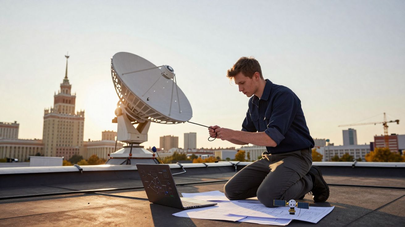 Jovem técnico ajusta antena parabólica em telhado com laptop e plantas durante o pôr do sol na cidade.