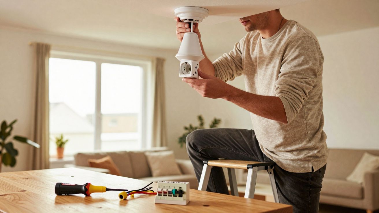 Homem instalando luminária no teto de sala, com ferramentas e interruptores sobre mesa de madeira.
