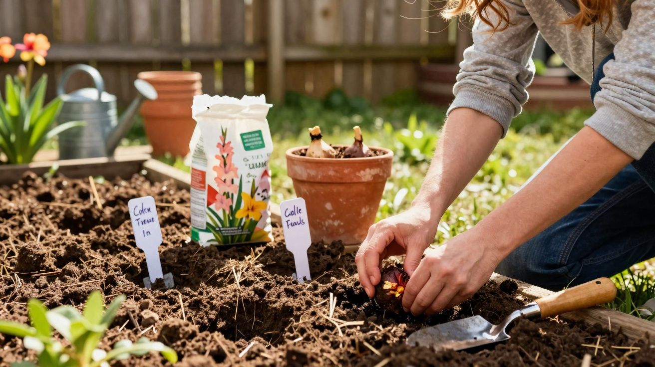 Pessoa plantando bulbos de flores em canteiro de terra em jardim residencial.