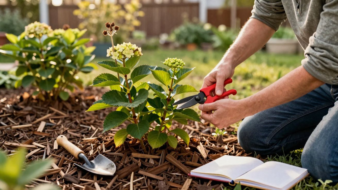 Pessoa podando planta com tesoura de jardinagem em canteiro com pá e caderno ao lado.