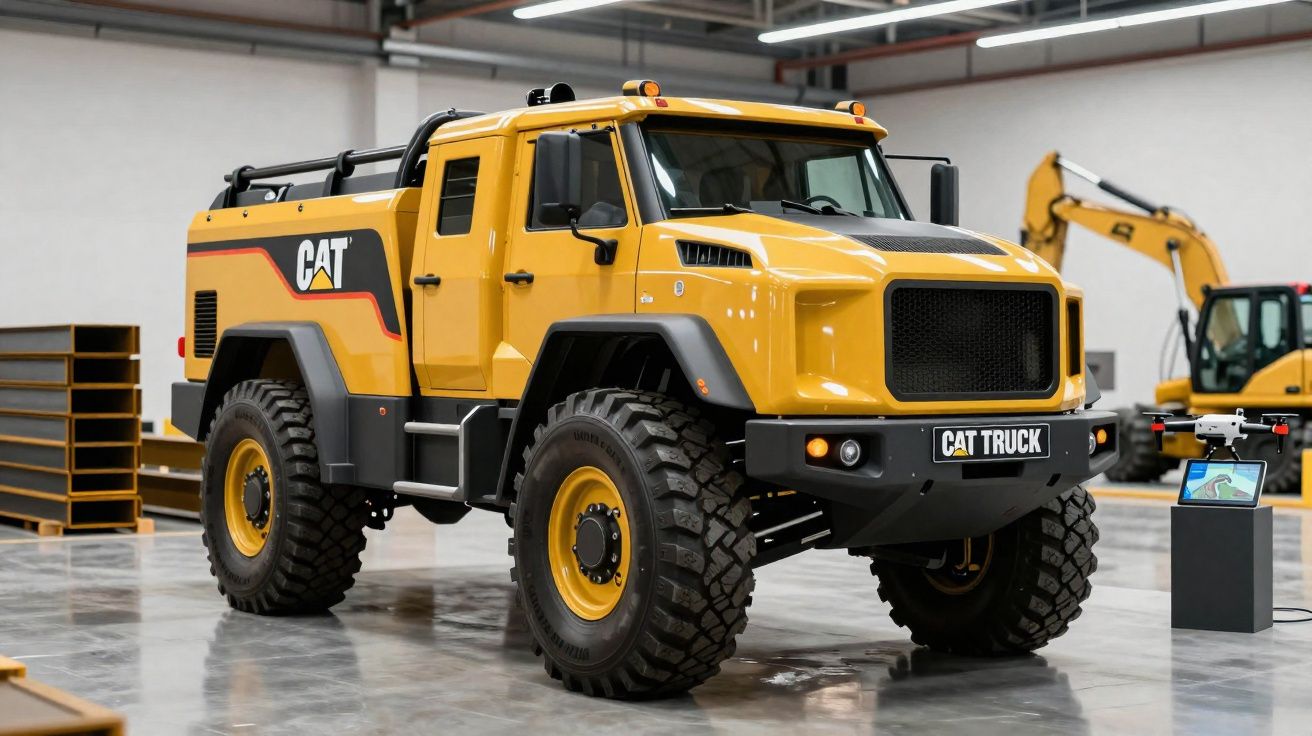 Caminhão utilitário amarelo Cat com pneus grandes em um galpão industrial.