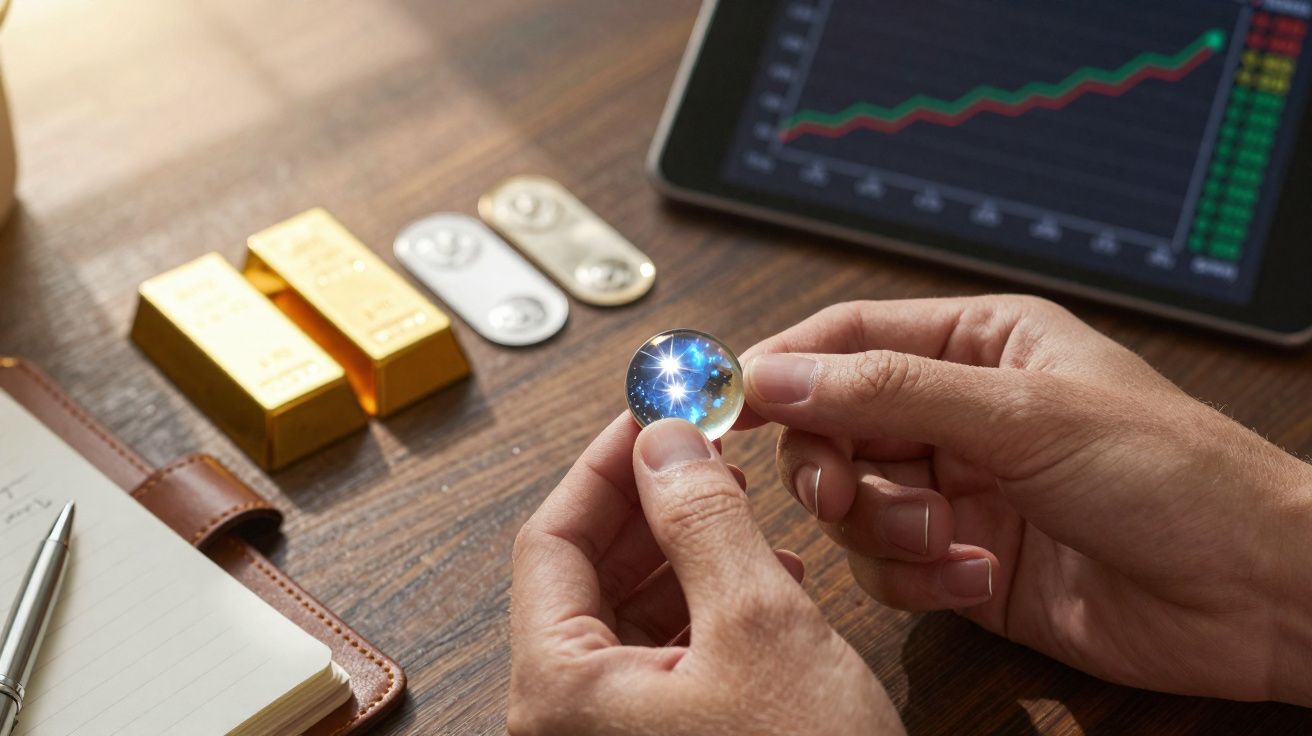 Mãos seguram vidro transparente com brilho, ao fundo barras de ouro, prata e tablet com gráfico financeiro.