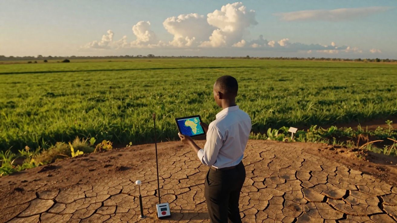 Pessoa com tablet analisa solo seco e rachado em área agrícola verde vasta sob céu nublado ao entardecer.