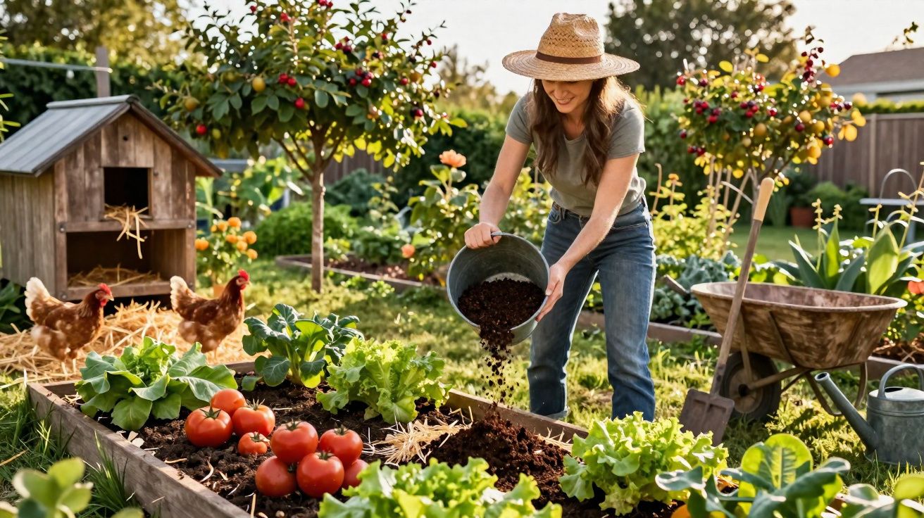 Mulher com chapéu cuidando da horta, espalhando terra em canteiro com tomates, alfaces e galinhas ao fundo.