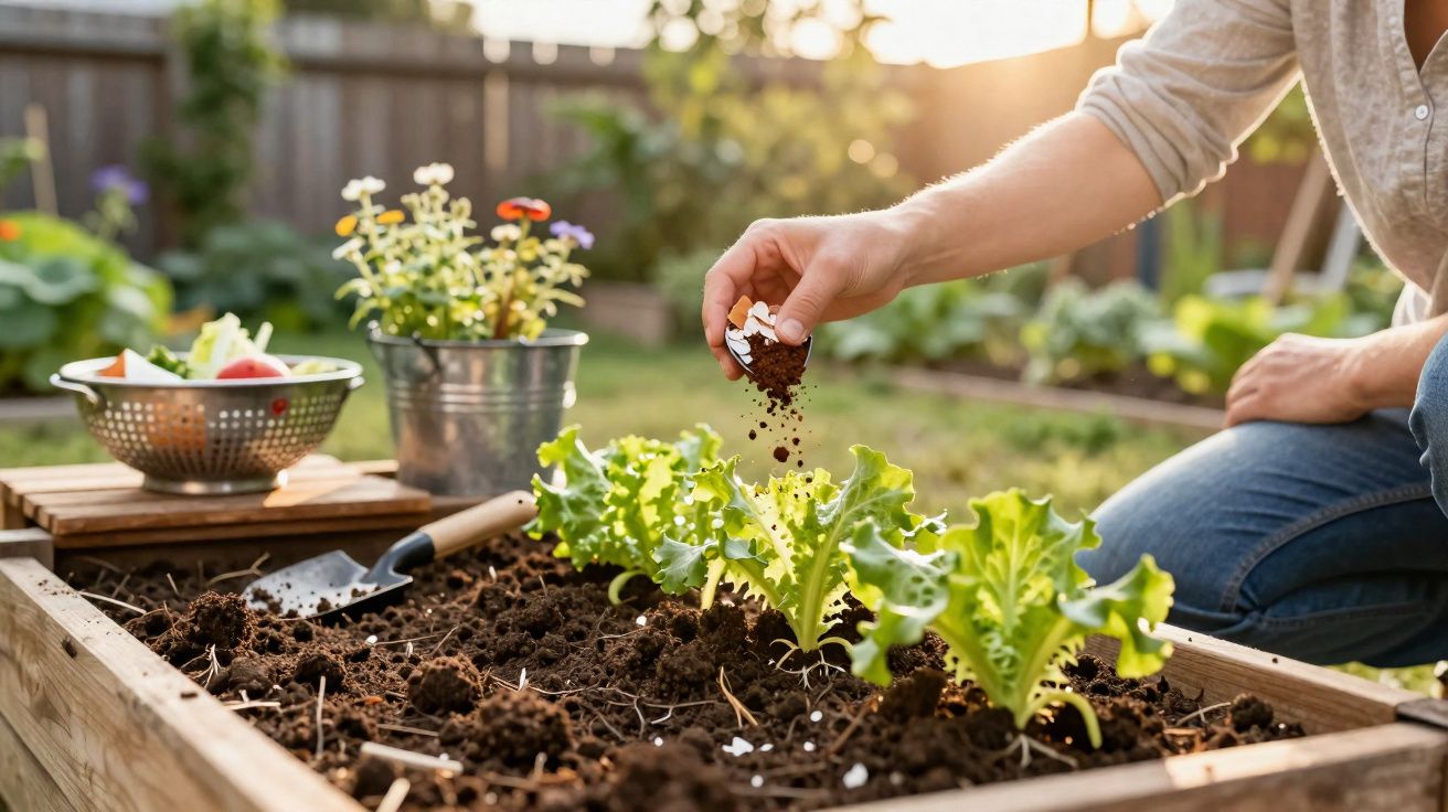 Pessoa plantando alface em canteiro de madeira em jardim ensolarado ao ar livre.