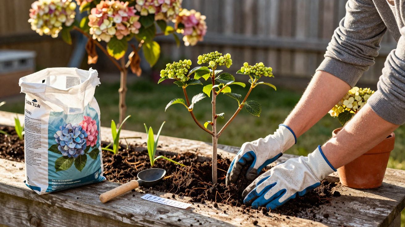 Mãos com luvas plantando muda em canteiro de madeira, com terra, ferramentas e saco de adubo ao lado.