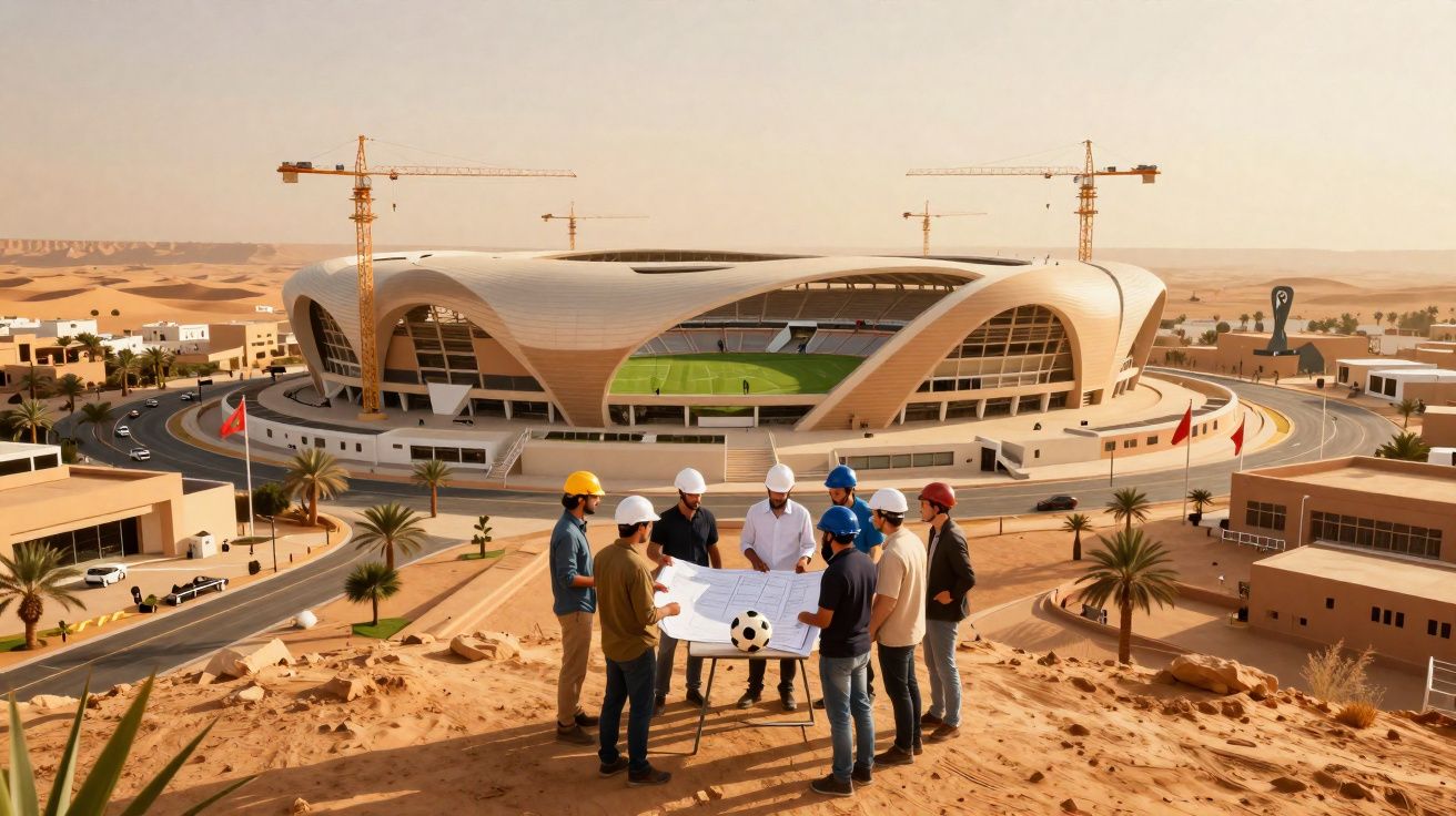 Equipe de engenheiros em capacetes revisa planta ao ar livre próximo a estádio moderno em área desértica.