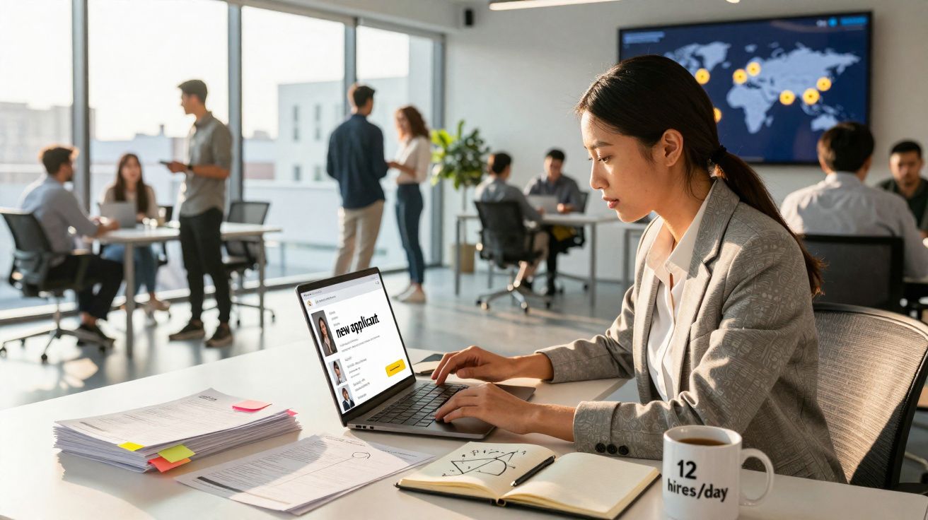 Mulher trabalhando em escritório moderno, usando laptop, com colegas conversando ao fundo e caneca na mesa.