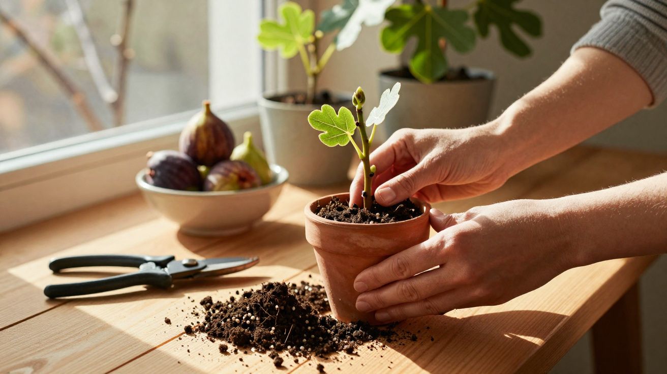 Mãos plantando muda de figueira em vaso de barro sobre mesa com terra e tesoura ao lado.