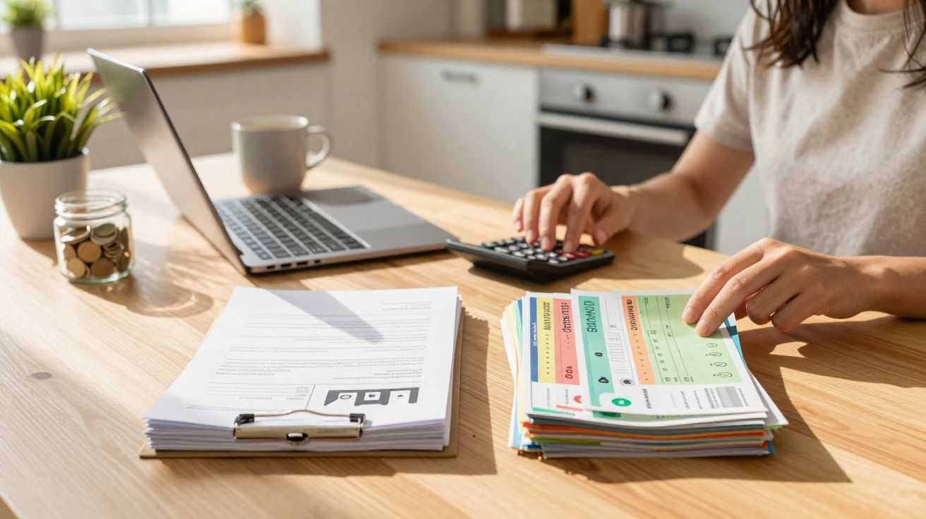 Pessoa calculando contas e finanças domésticas com laptop, pilha de papéis e calculadora em mesa de madeira.