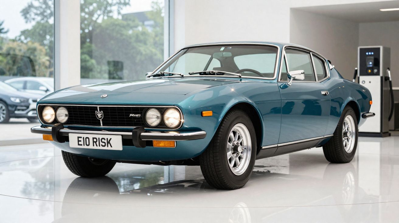 Carro esportivo clássico azul estacionado em showroom moderno com piso branco e iluminação natural.