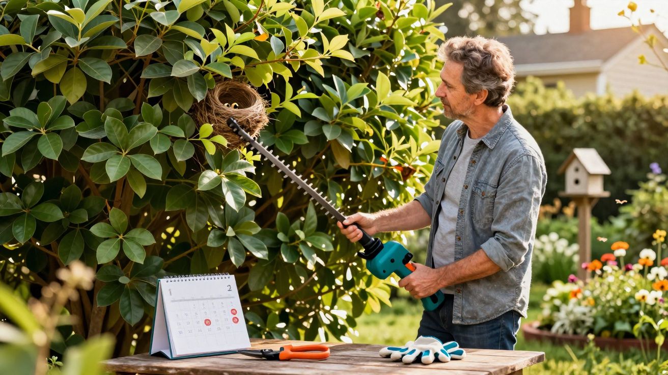 Homem tentando remover ninho de passarinho com podador em árvore no jardim ensolarado.